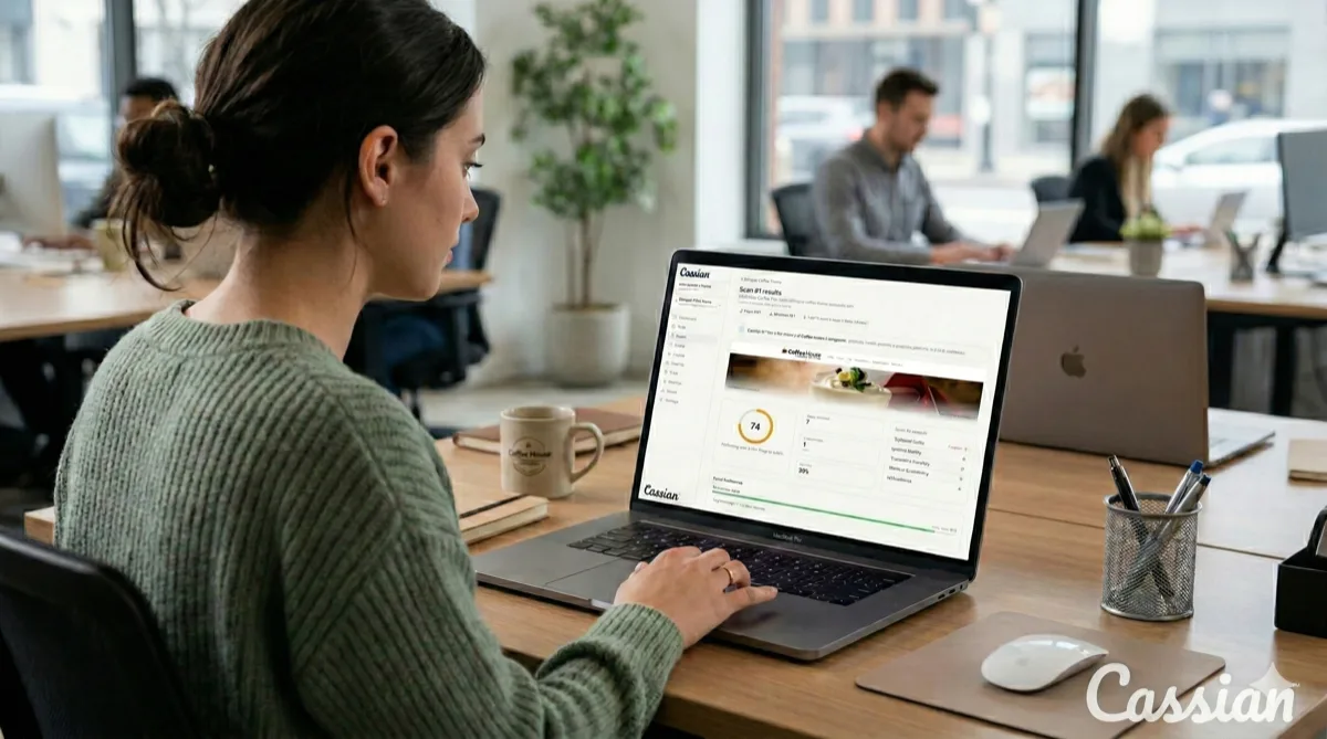Person reviewing Cassian™ dashboard showing store health data